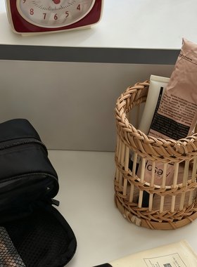 新中式复古藤编化妆刷收纳筒桌面化妆品口红置物架收纳盒笔桶新款
