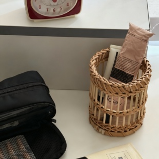 新中式 复古藤编化妆刷收纳筒桌面化妆品口红置物架收纳盒笔桶新款