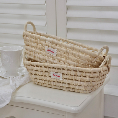ins田园风草编收纳篮玉米皮北欧杂物零食水果桌面收纳筐手提编织