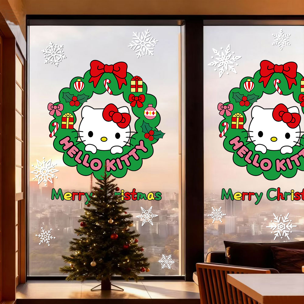 2026圣诞节装饰玻璃橱窗贴纸hellokitty圣诞树耶诞静电贴新年窗花