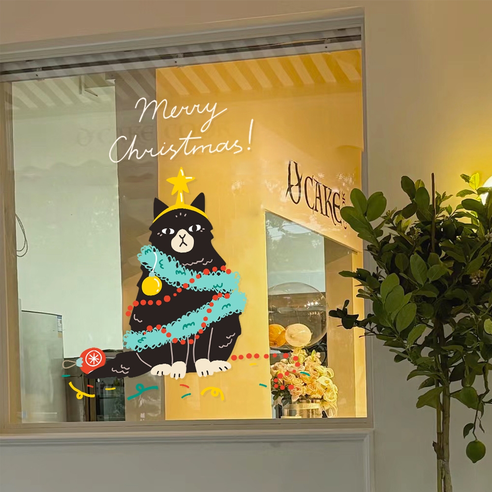 2026圣诞节装饰贴画小猫静电贴纸节日氛围UV布置玻璃橱窗门贴窗花