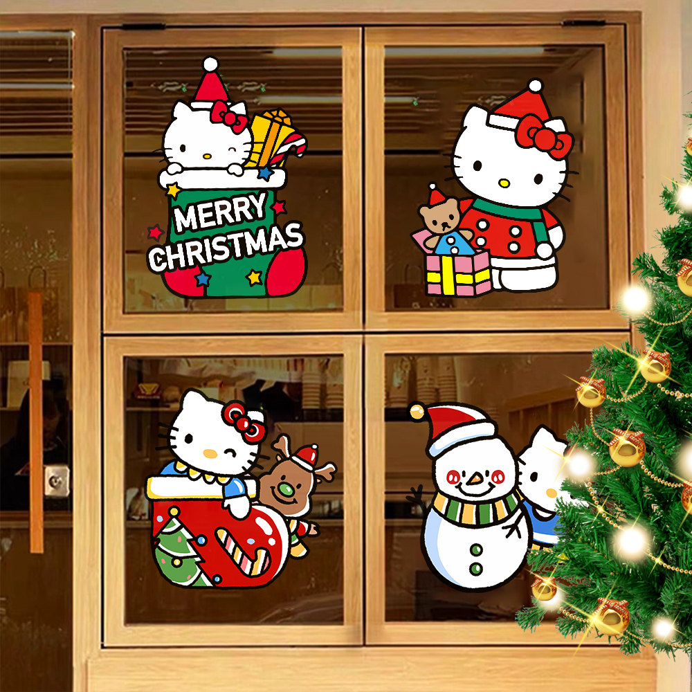 2026圣诞节装饰玻璃橱画新年HELLO KITTY猫圣诞耶诞静电门窗贴纸
