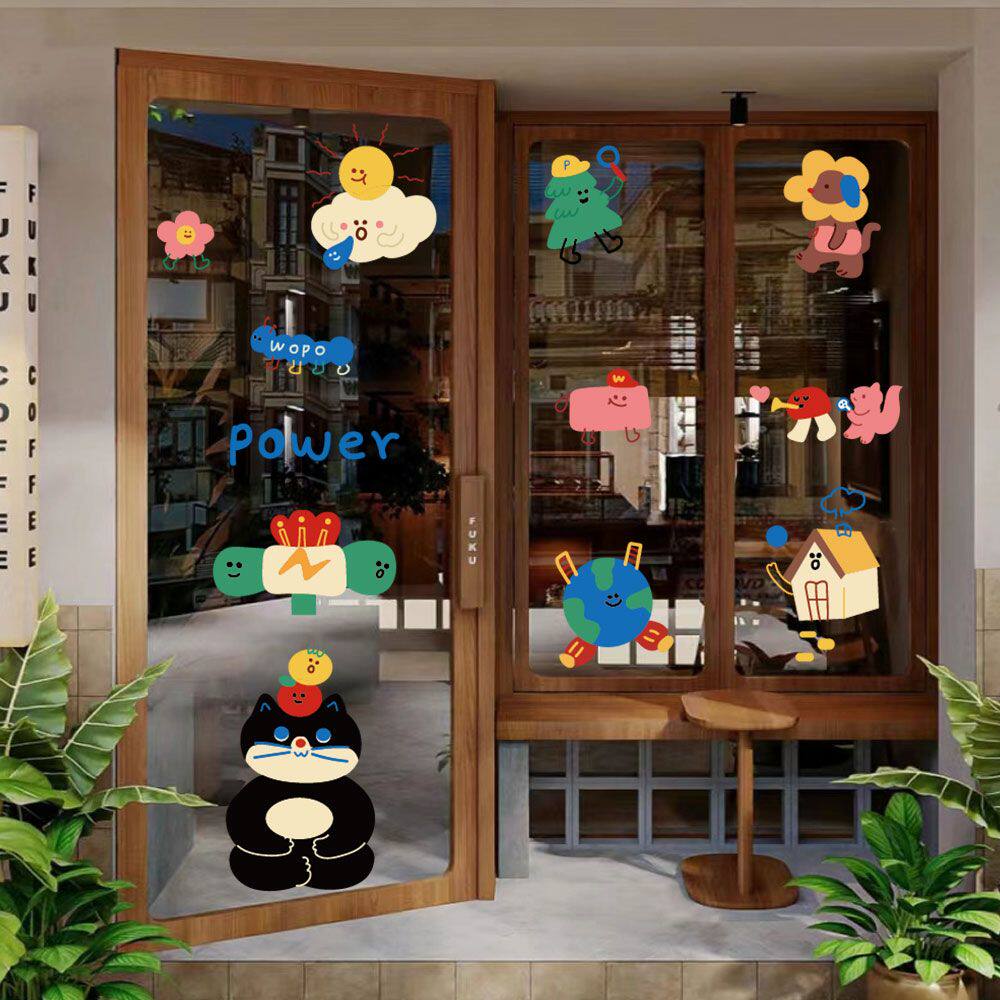 网红ins装饰插画贴纸 奶茶甜点店铺玻璃门贴卡通可爱装饰静电贴画