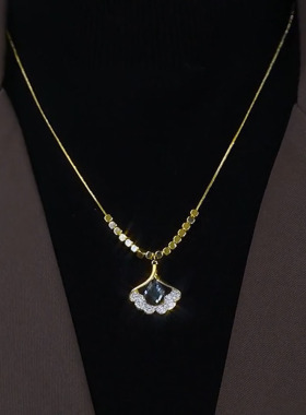 蓝色水晶水滴银杏叶细链毛衣链女
