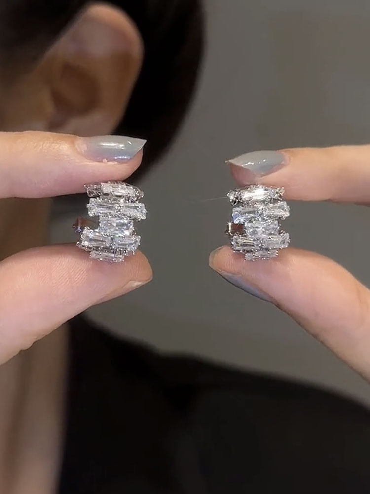 银色锆石超闪C型银针耳钉