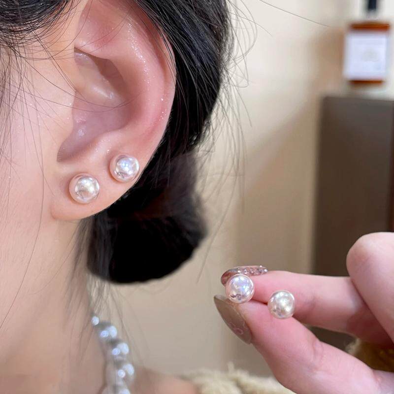 粉色扁圆馒头珍珠耳钉女