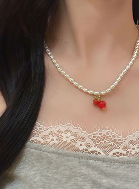 温柔珍珠红色樱桃项链女
