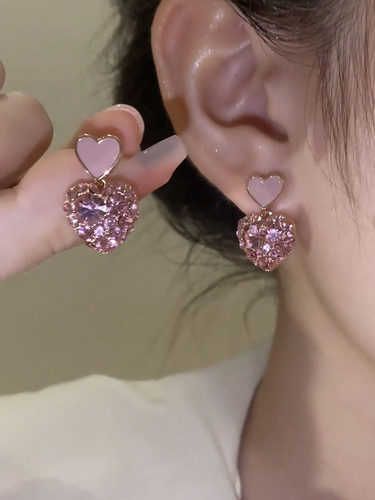 粉色锆石爱心银针耳钉女