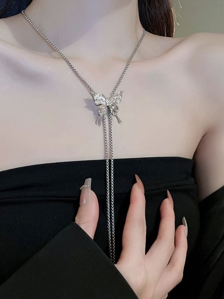 银色金属风蝴蝶抽拉项链女