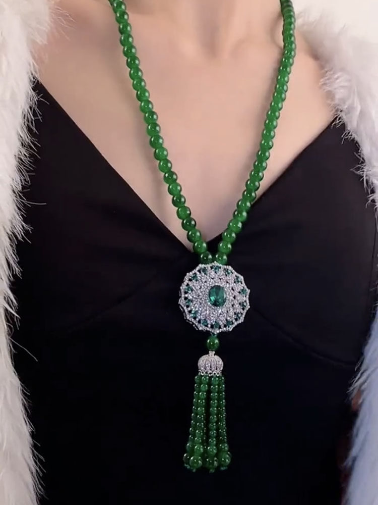 绿色珠子长款毛衣链女