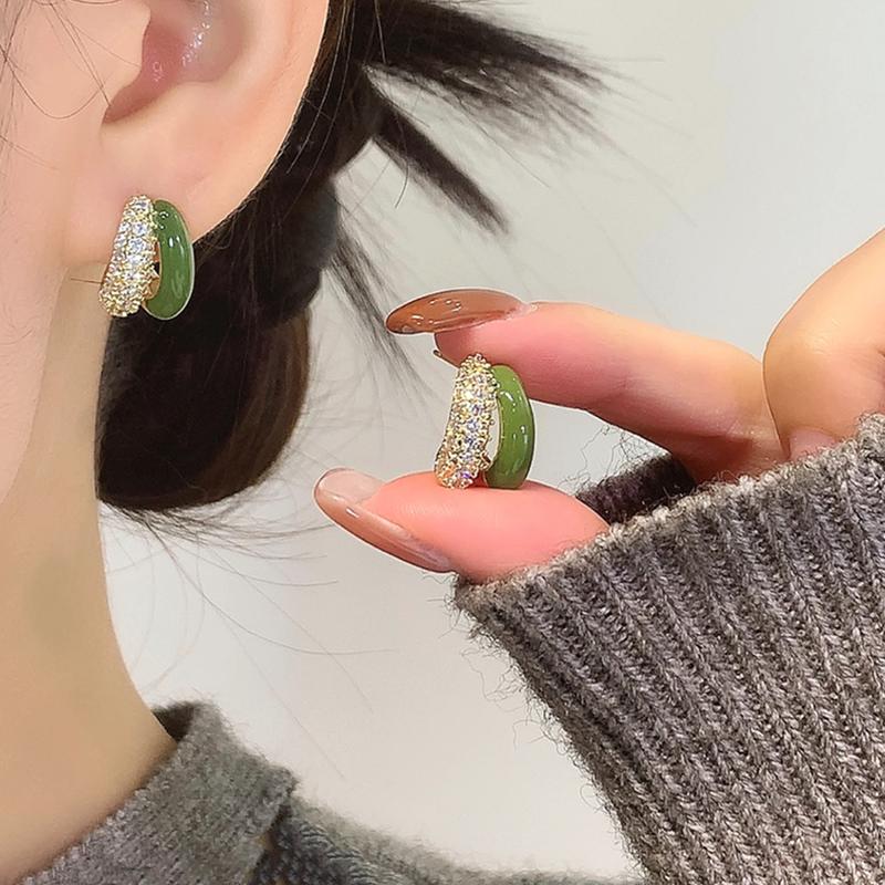 秋冬绿色滴油镶钻耳钉