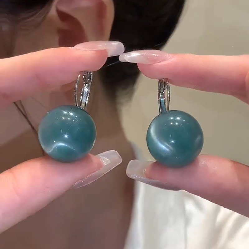 蓝色猫眼石球球吊坠耳扣女