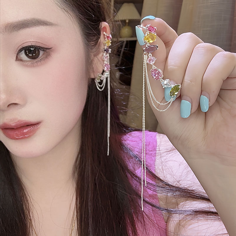 彩色锆石长款流苏耳钉耳夹女