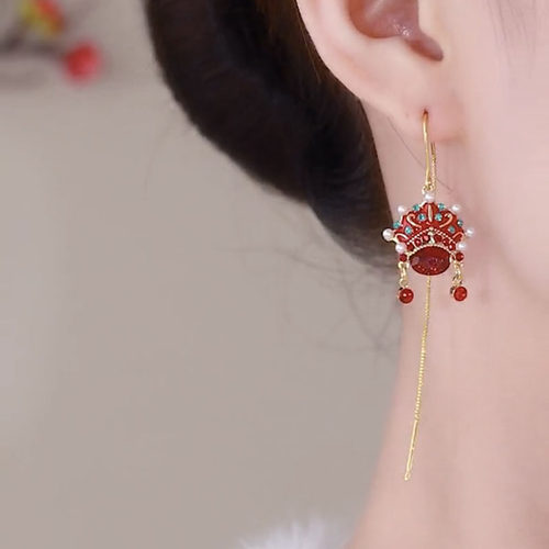 中国风红色水晶脸谱耳线女