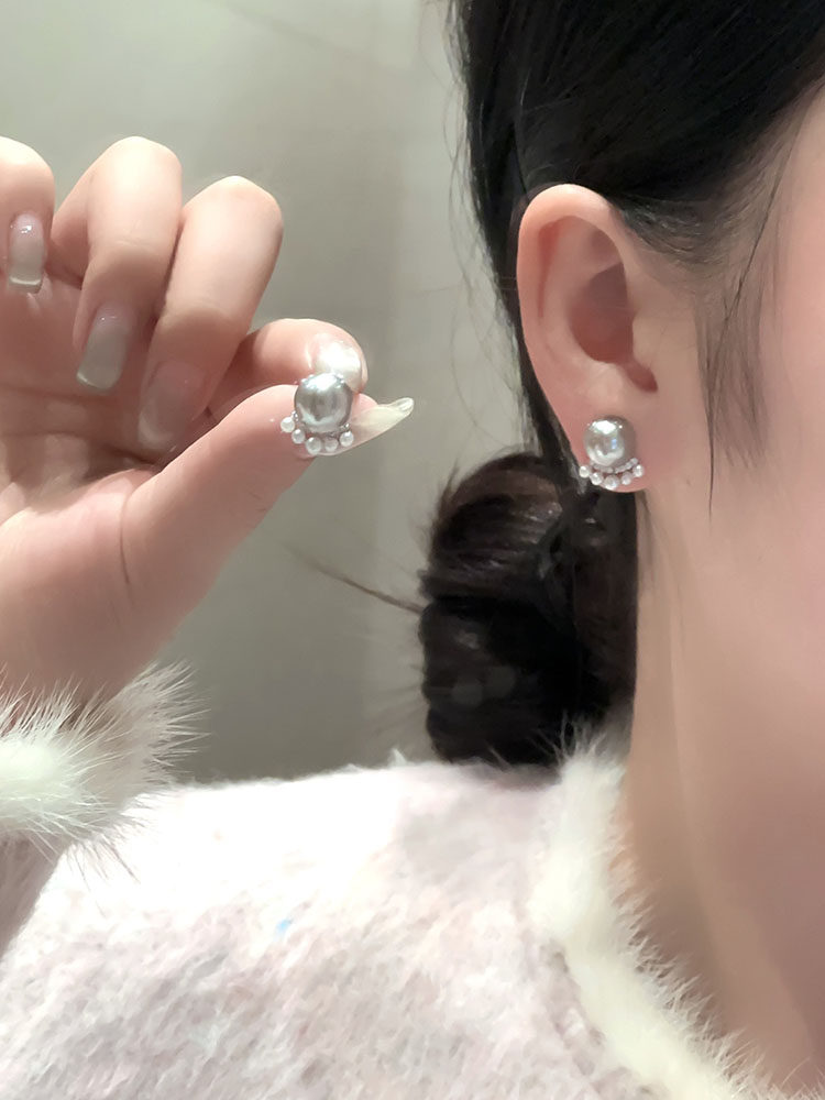 高级灰珍珠米珠银针耳钉女