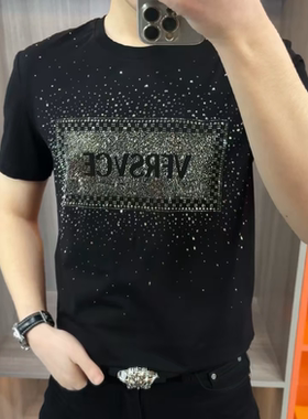 【现货】68006男士秋季新品烫钻欧货短袖圆领休闲弹力半袖潮流T恤