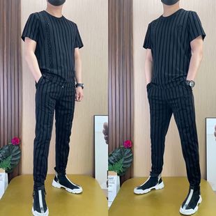 短袖 男士 潮男薄款 百搭时尚 两件套23101 初秋植绒暗花休闲运动套装