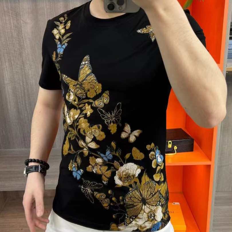 【现货】68110夏季新款男士T恤烫钻印花精致韩风短袖个性潮流轻奢