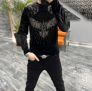 男士秋冬季烫钻金丝绒长袖小衫圆领欧货T恤衫黑色新品打底衫