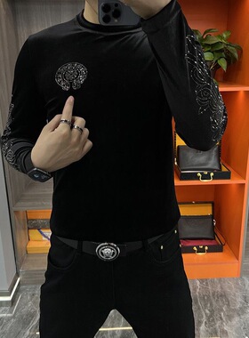 【现货】3910男士高品质T恤烫钻长袖小衫内搭薄绒金丝绒春季爆款