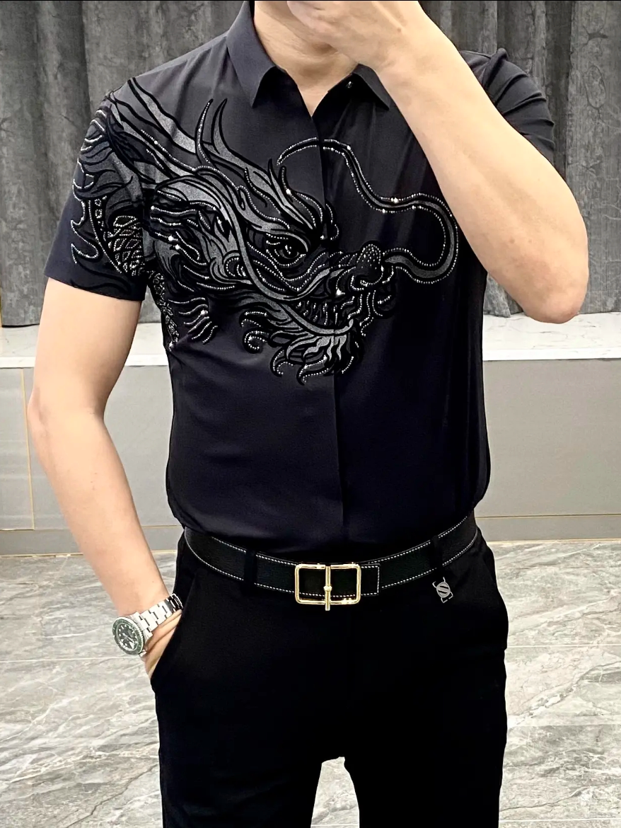 2086男士春季黑色烫钻欧货翻领衬衫潮流T恤衫修身弹力打底衫