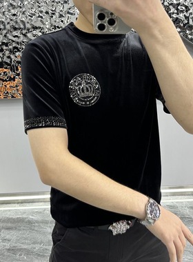 【现货】23208男士春季金丝绒烫钻短袖新品T恤轻奢高品质时尚休闲