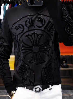 【现货】3986男士秋冬烫钻圆领小衫精品欧货长袖T恤百搭舒适潮流