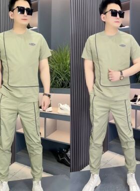 2216男士夏季时尚运动套装百搭修身潮男半袖两件套T恤衫
