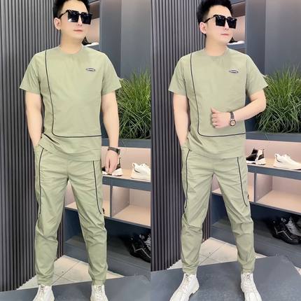 2216男士夏季时尚运动套装百搭修身潮男半袖两件套T恤衫