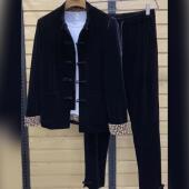 369春秋男士 两件套 休闲盘扣黑色金丝绒百搭显瘦外套长裤 唐装 新款