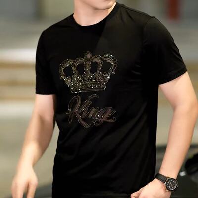 【现货】23102夏季男士新款短袖T恤重工薄款烫钻个性时尚潮流百搭