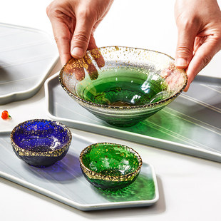 日本原装进口手工玻璃家用日式金箔碗生鱼片沙拉日料水果斗笠钵子