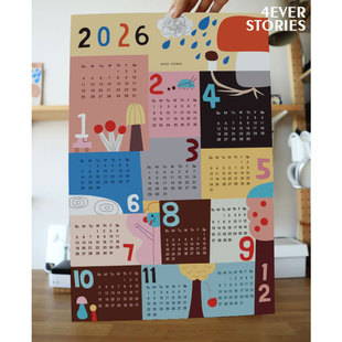 可爱童趣2026年日历手绘风布质艺术海报装 饰客厅卧室推荐