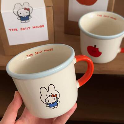 可爱小兔兔陶瓷马克杯小众简约撞色情侣咖啡杯kt猫咪卡通家用水杯
