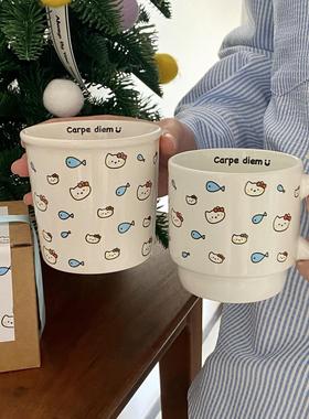 2025新款彩色星星陶瓷水杯猫咪吃鱼咖啡马克杯水杯子送人礼物彩带