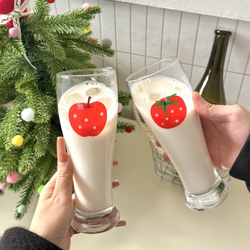 ins酒杯可爱卡通苹果玻璃杯高脚杯大容量饮料杯高颜值果汁杯家用