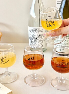 简约线条猫咪小号高脚杯玻璃杯家用高颜值果汁饮料杯创意果酒杯