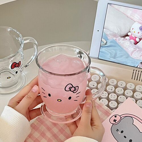 高颜值粉KT猫咪玻璃杯大容量家用女生办公室咖啡杯果汁杯把手杯
