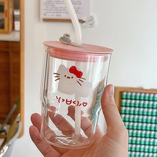 耐高温情侣款 带盖吸管杯玻璃2024新款 家用水杯女简约饮品吸管杯子