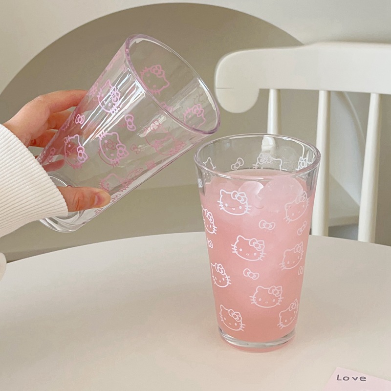 高颜值少女粉kt猫玻璃杯果汁水杯家用喝水杯女生办公室大容量杯子