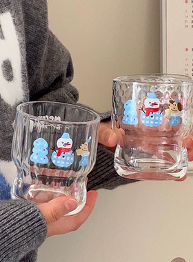 ins圣诞氛围玻璃杯可爱蓝色雪人欢乐派对家用水杯儿童牛奶杯300ml