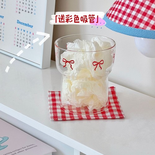 【赠送玻璃吸管】蝴蝶结杯耐高温