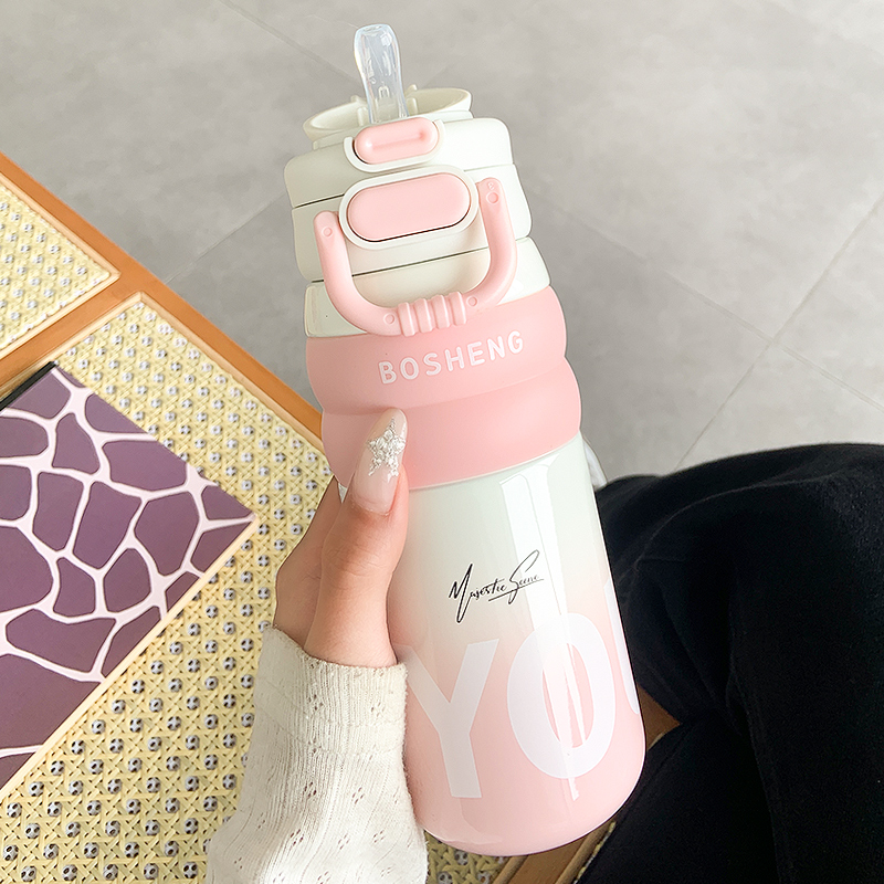 渐变保温杯女生带吸管水杯女2025新款高颜值便携双饮316学生杯子