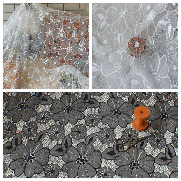 5米宽 手工diy布料 柔软黑白花朵蕾丝面料婚纱服装窗帘台布布料