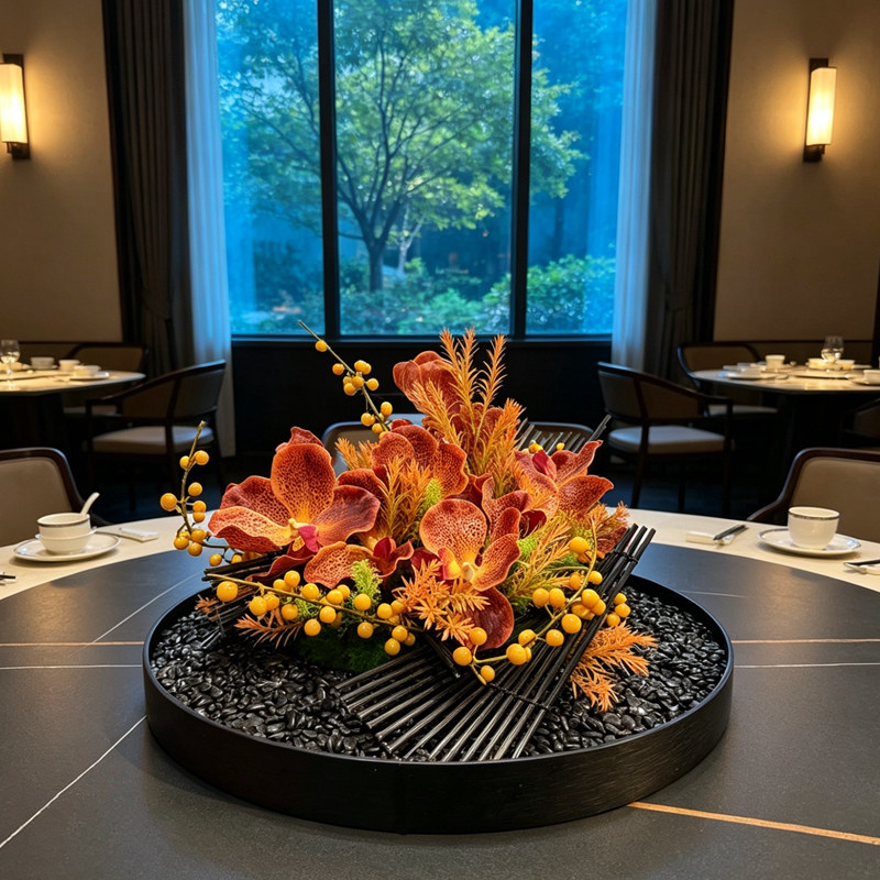 轻奢新中式现代桌花仿真花酒店包间餐桌花艺微景观摆件装饰花定制