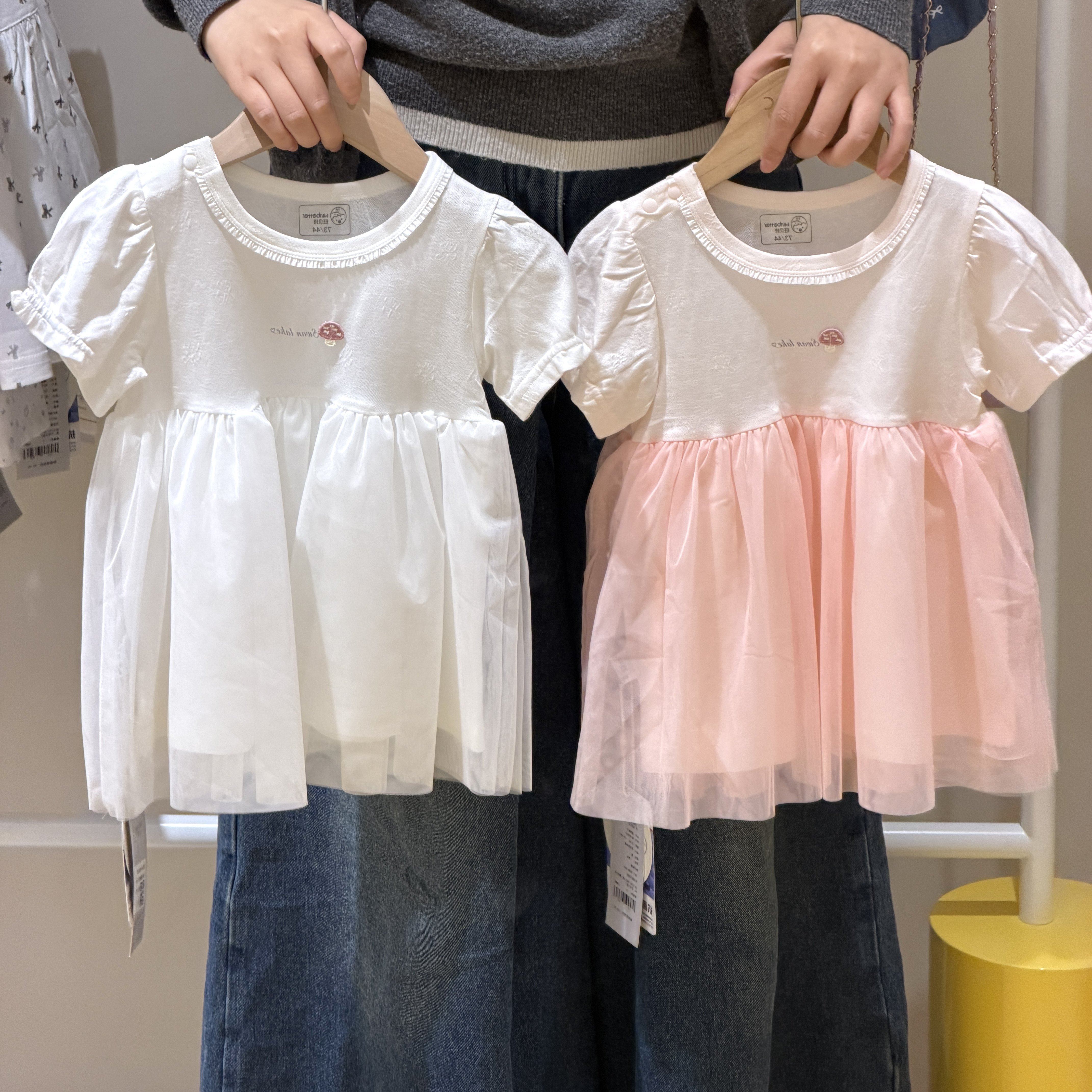 旺贝特夏季婴幼儿连衣裙棉质短袖可爱网纱泡泡袖素雅小裙女孩