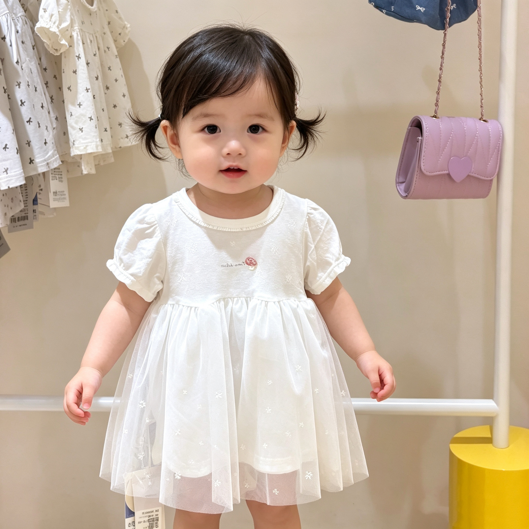 旺贝特夏季婴幼儿连衣裙棉质短袖可爱网纱泡泡袖素雅小裙女孩