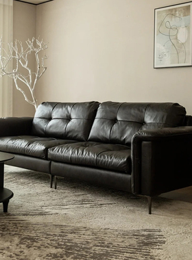 法式复古风真皮沙发客厅复古油蜡皮设计师黑色星云沙发2025新款