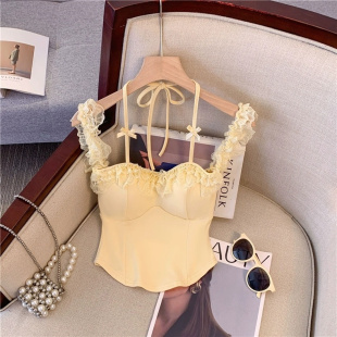 t恤夏女装 辣妹美式 纯欲蕾丝花边一字肩上衣挂脖蝴蝶结带胸垫短款