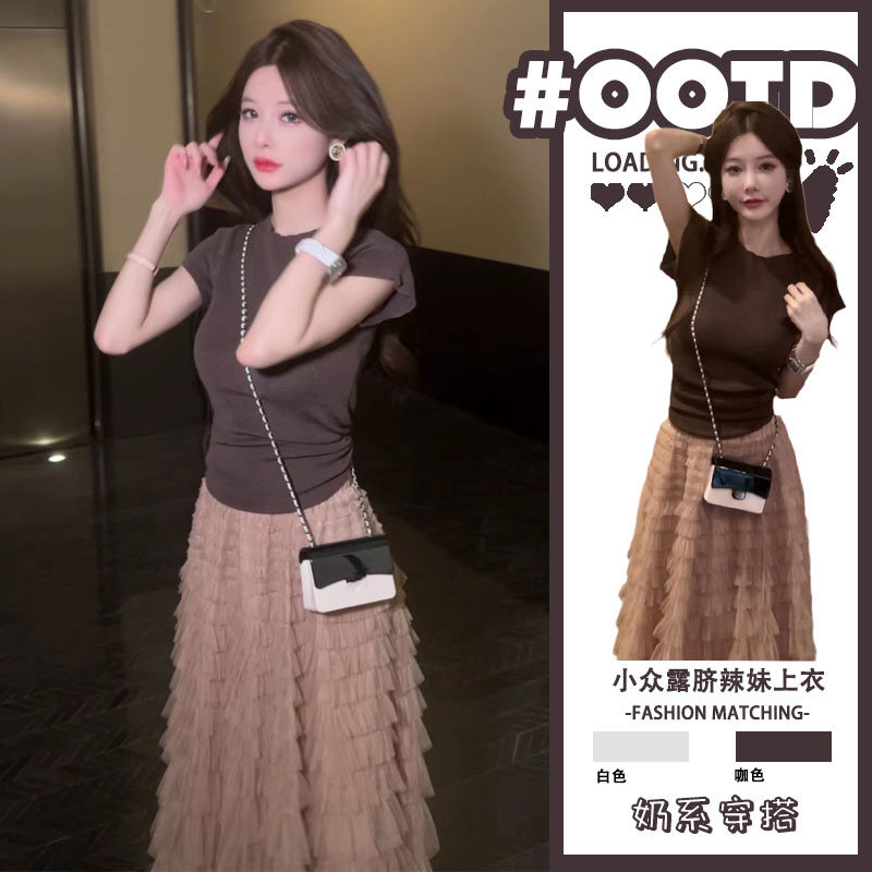 绑带露腰纯欲短袖T恤女夏季别致独特设计感小众露脐短款辣妹上衣